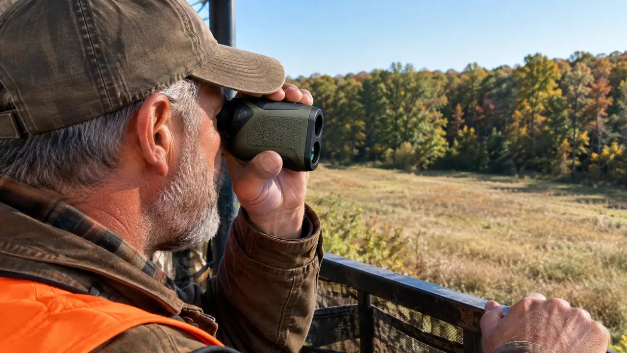 A hunter's hand holds a rangefinder up to one eye while seated in a ladder stand, looking toward a field edge