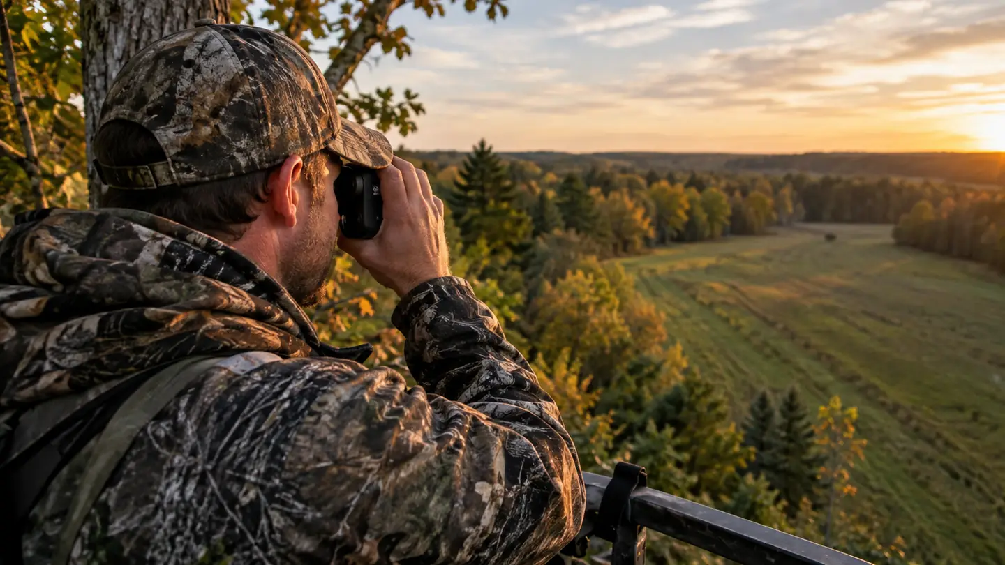 A hunter in a camo jacket ranges a field edge from a treestand in late afternoon light