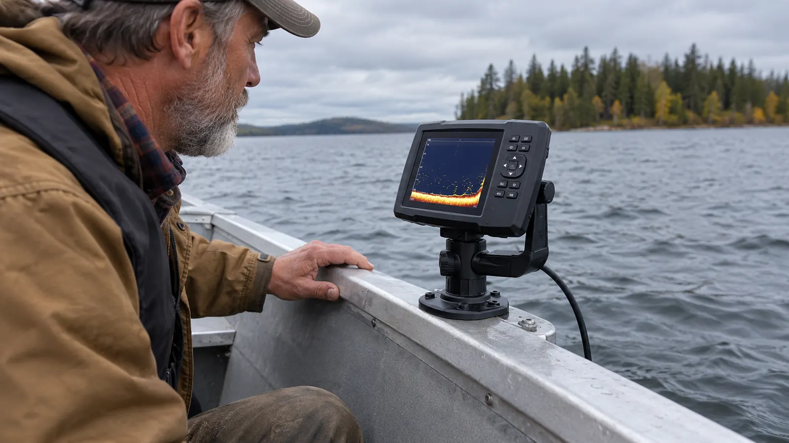 A compact fish finder mounted on the gunwale of a small boat with its transducer cable running over the side