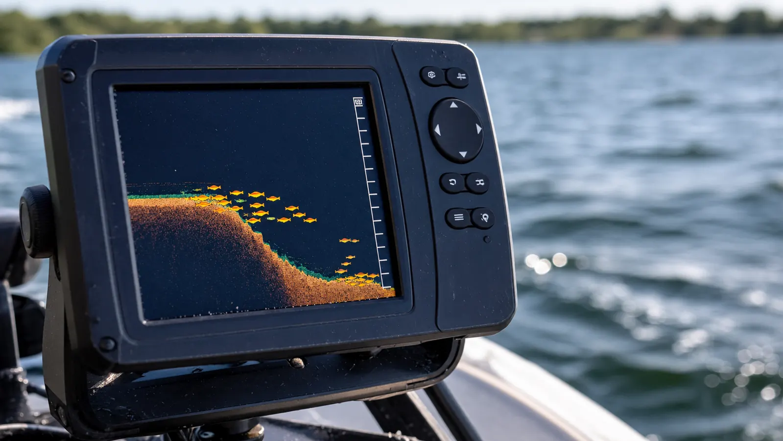 A fish finder screen showing a sharp drop-off and a cluster of fish symbols along the break