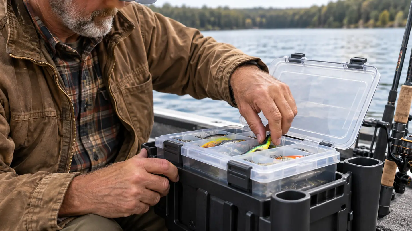 an angler's hand reaching into a clear-topped utility box on a tackle rack in a small boat