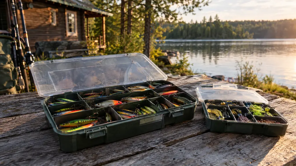 two utility boxes with organized lures and jigs on a weathered picnic table by a lake