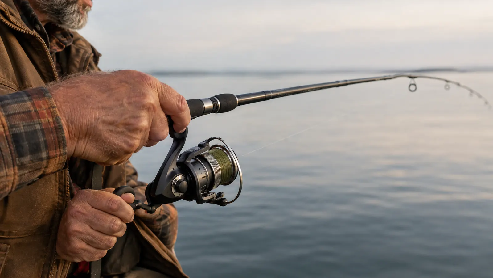 An angler's hand turning the reel handle while the rod tip stays low over the water