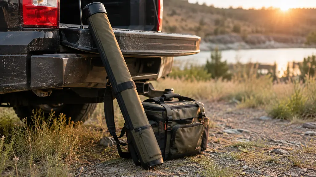 A small travel rod case leaning against a tailgate beside a tackle bag