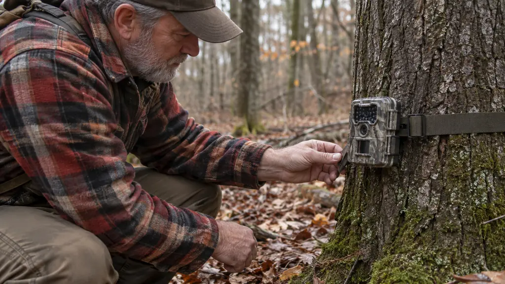 A hunter in a flannel jacket kneeling beside a trail camera mounted on a tree trunk