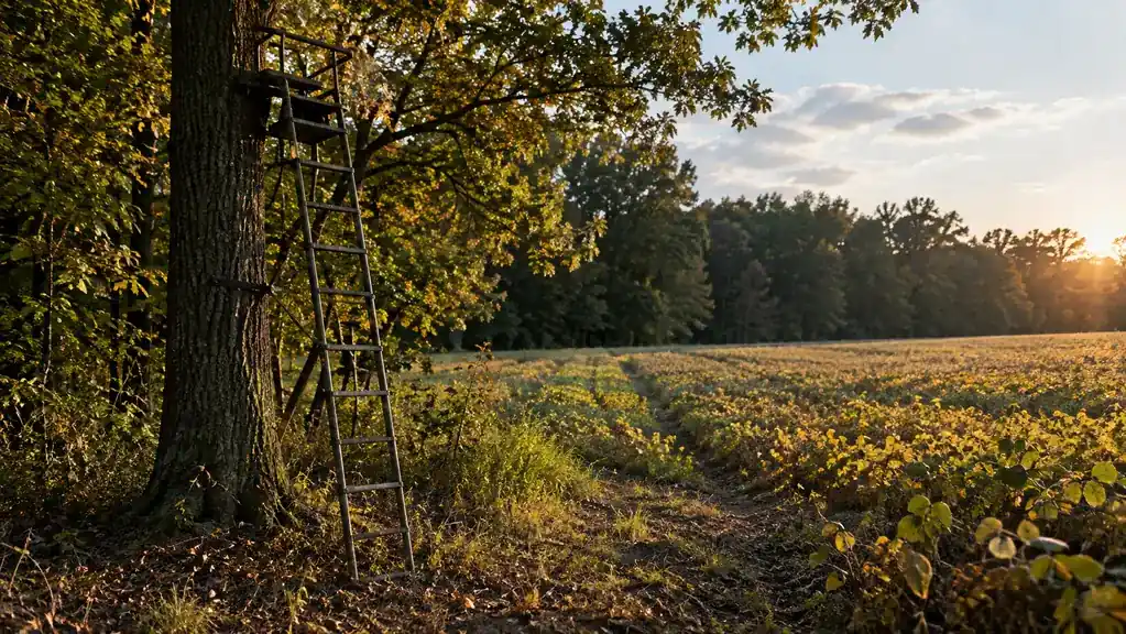 A ladder stand set against a large oak at the edge of a cut field in late afternoon