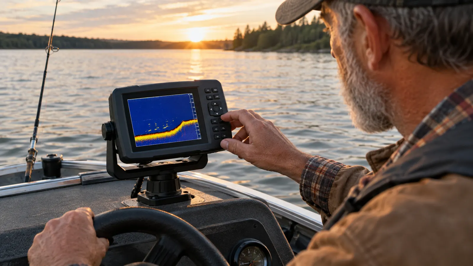 A small fish finder mounted on the console of a fishing boat, screen showing a simple depth reading