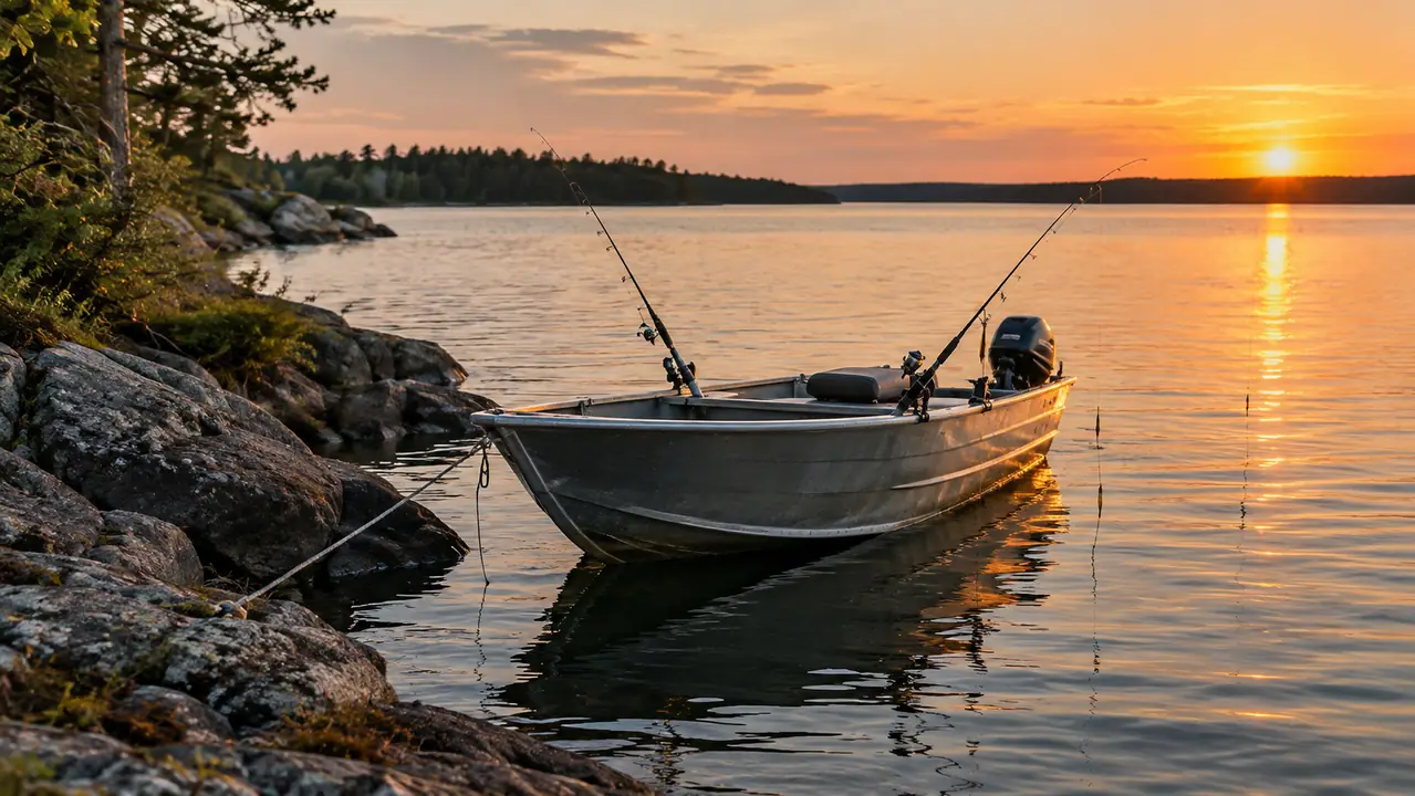 A fishing boat anchored near a rocky point on a lake in the evening