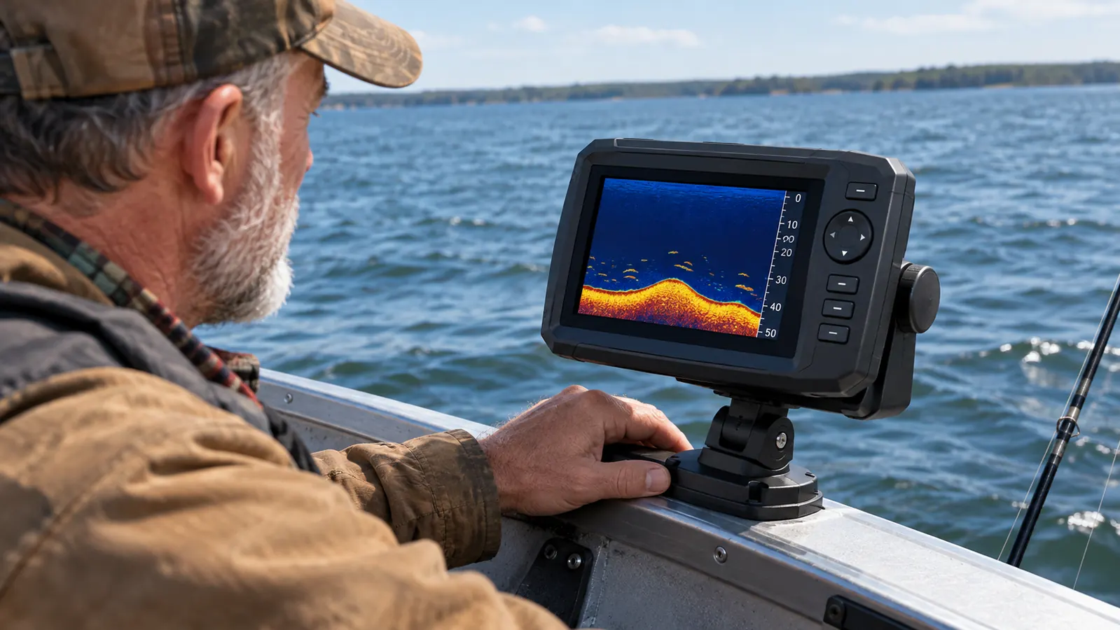 Close view of a mounted fish finder on a boat, the screen showing sonar returns over open water