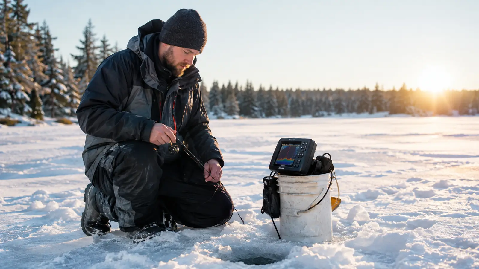 An angler kneeling beside an ice fishing hole in winter, a fish finder sitting on a bucket near the hole, low sun and snow on a frozen lake