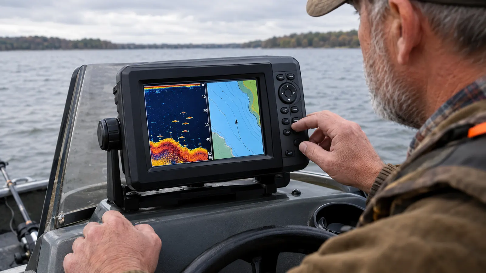 A close view of a compact fish finder screen showing sonar returns and a GPS map while mounted beside the tiller seat of a small boat