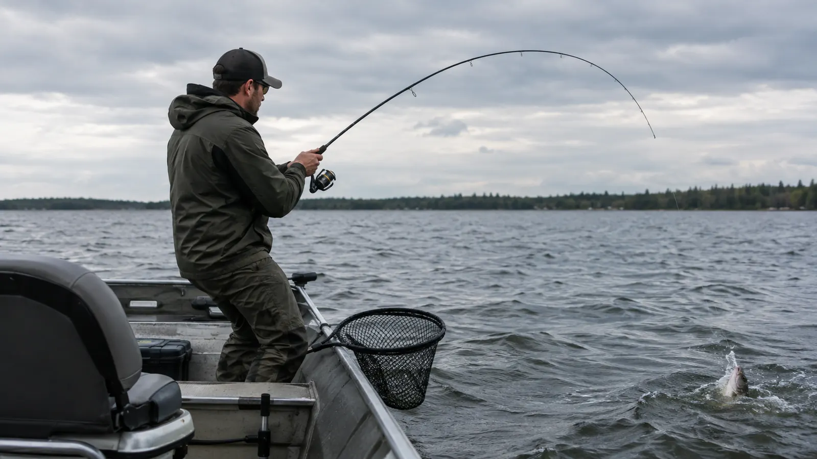 An angler in a small boat over open water on a windy afternoon, rod bent, net ready beside the seat