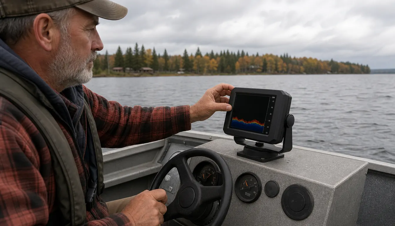 An angler reaching to adjust a fish finder mounted on the dash of a small aluminum boat