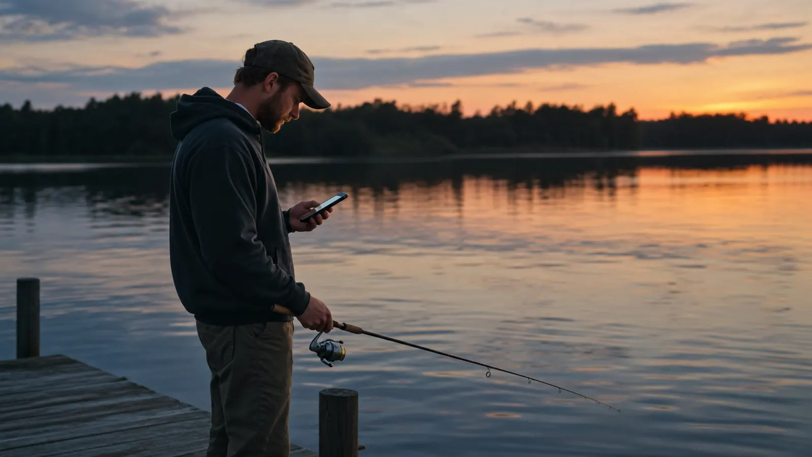 An angler standing on a dock at dusk looking at a phone while holding a fishing rod