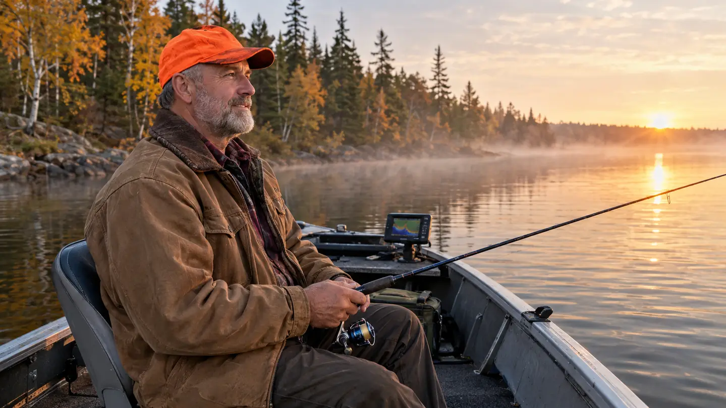 A gray-bearded angler in a blaze orange cap sits in a small aluminum boat at sunrise on a misty lake lined with fall birch and pine