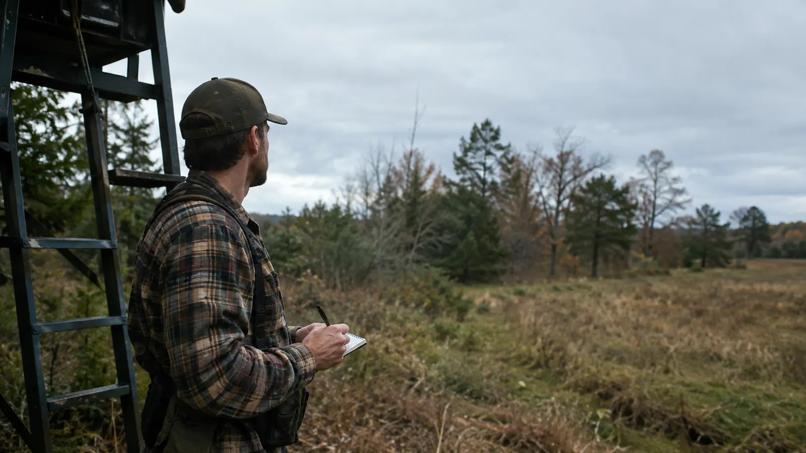 A hunter standing at the base of a tree marking a small notebook and looking toward a distant treeline