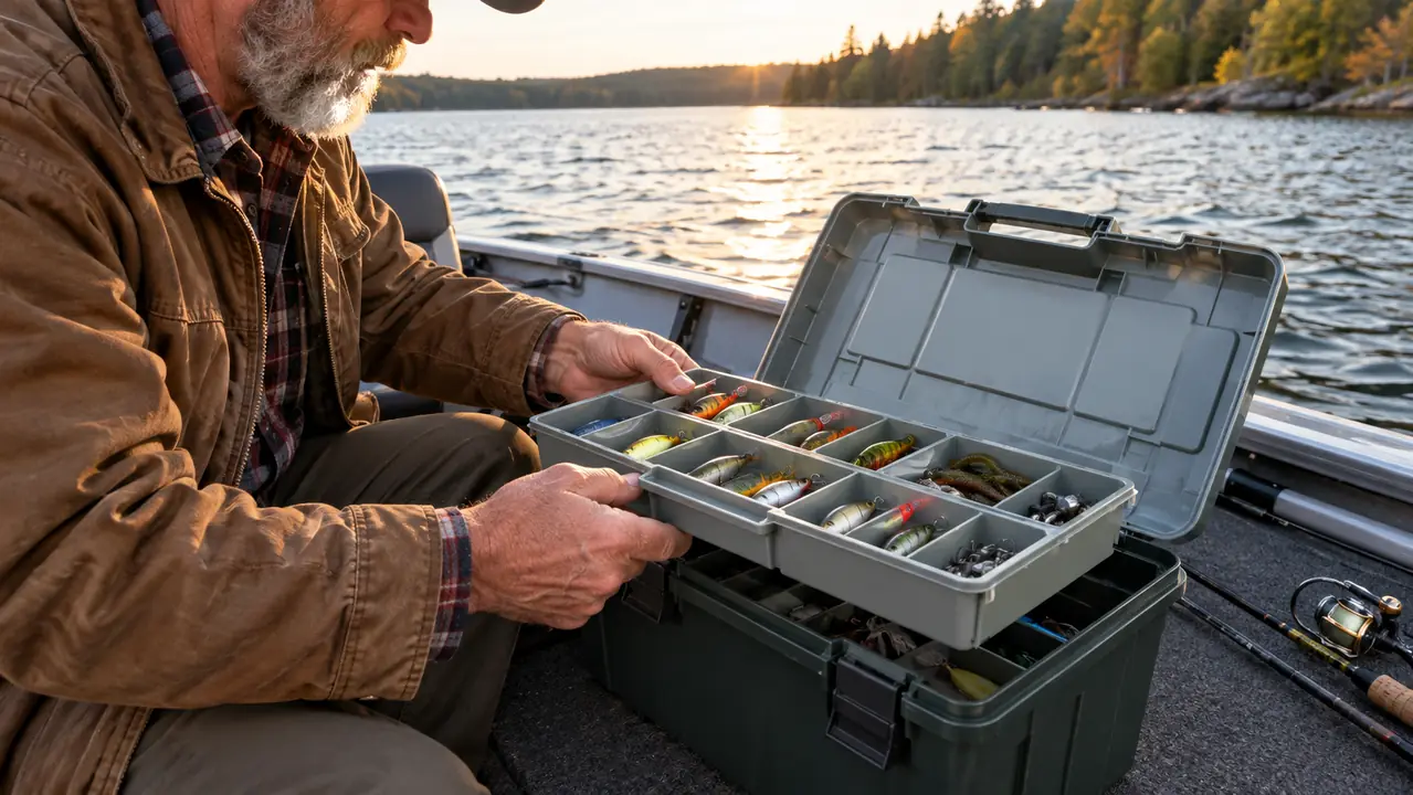 An angler pulling a utility tray out of a tackle box on the floor of a fishing boat
