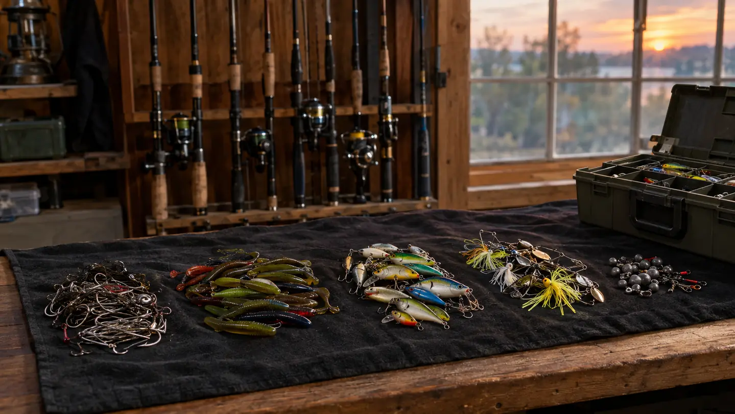 Fishing lures and terminal tackle sorted into separate piles on a blanket spread across a workbench, with an open tackle box beside them