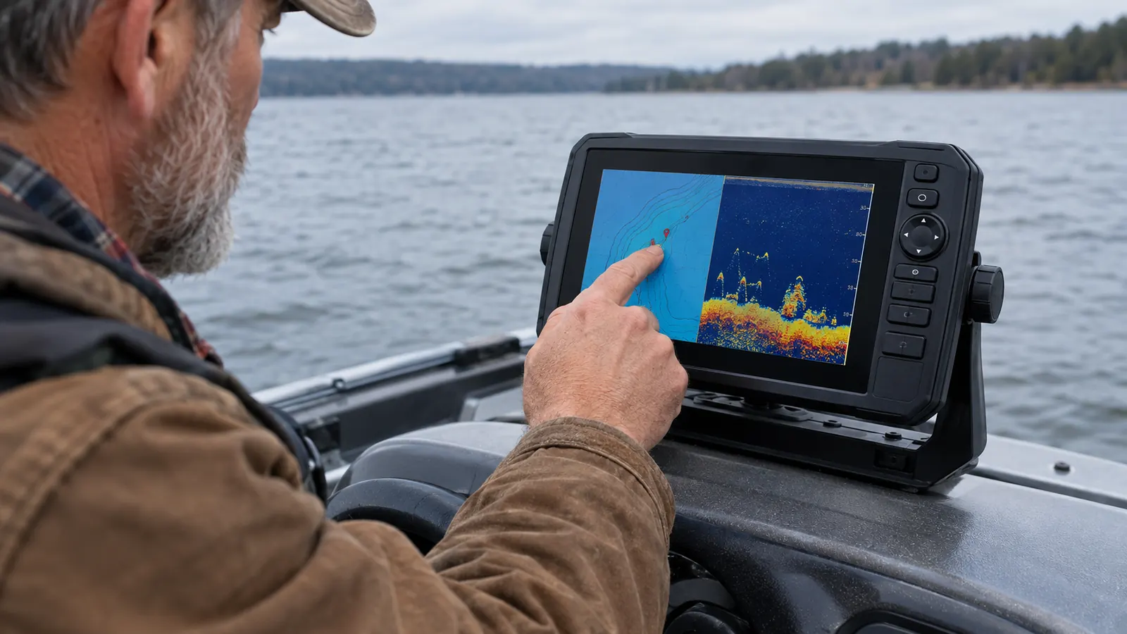 A hand tapping a waypoint on a fish finder screen mounted on a boat console