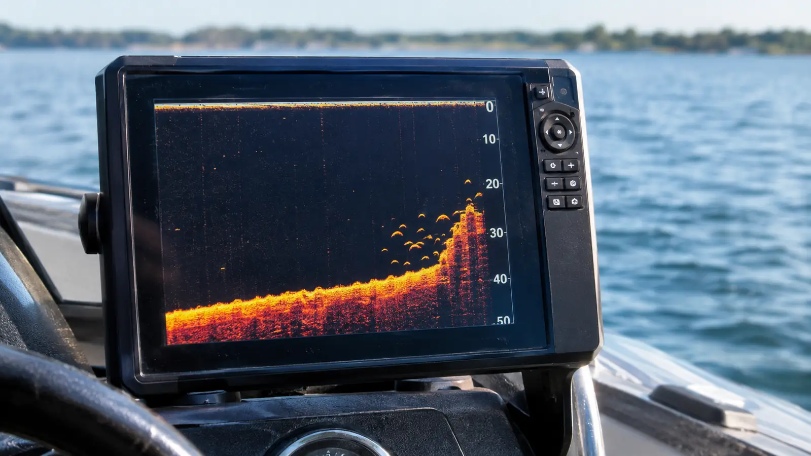 A fish finder screen showing a hard bottom with a weed line and a school of fish holding just off the edge