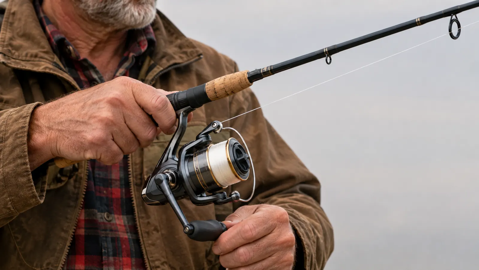 Close view of a spinning reel spooled with monofilament line, line threaded through the guides of the rod