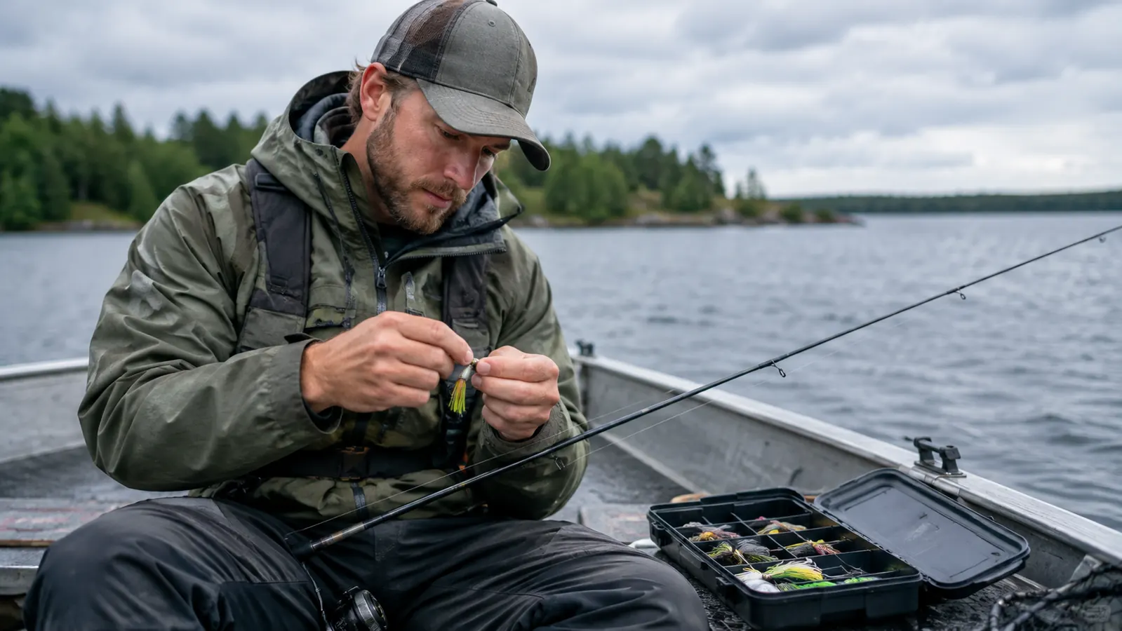 An angler tying a jig head onto a line at the front of a small boat, tackle box open beside him