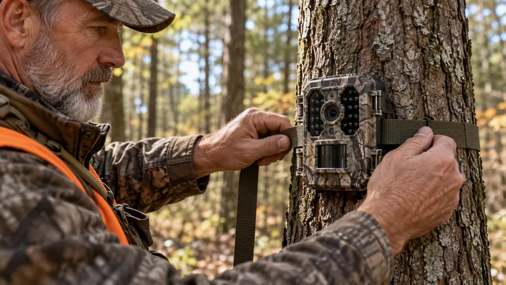 A hunter's hands fastening the strap of a trail camera around a tree trunk in the woods
