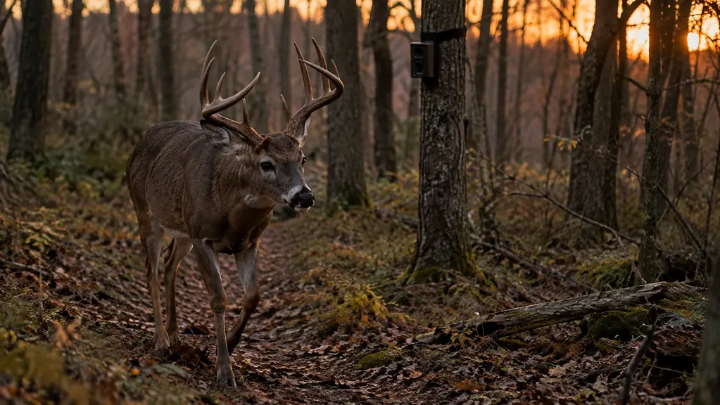 A mature buck walking along a deer trail at dusk, with a trail camera mounted on a tree in the middle distance