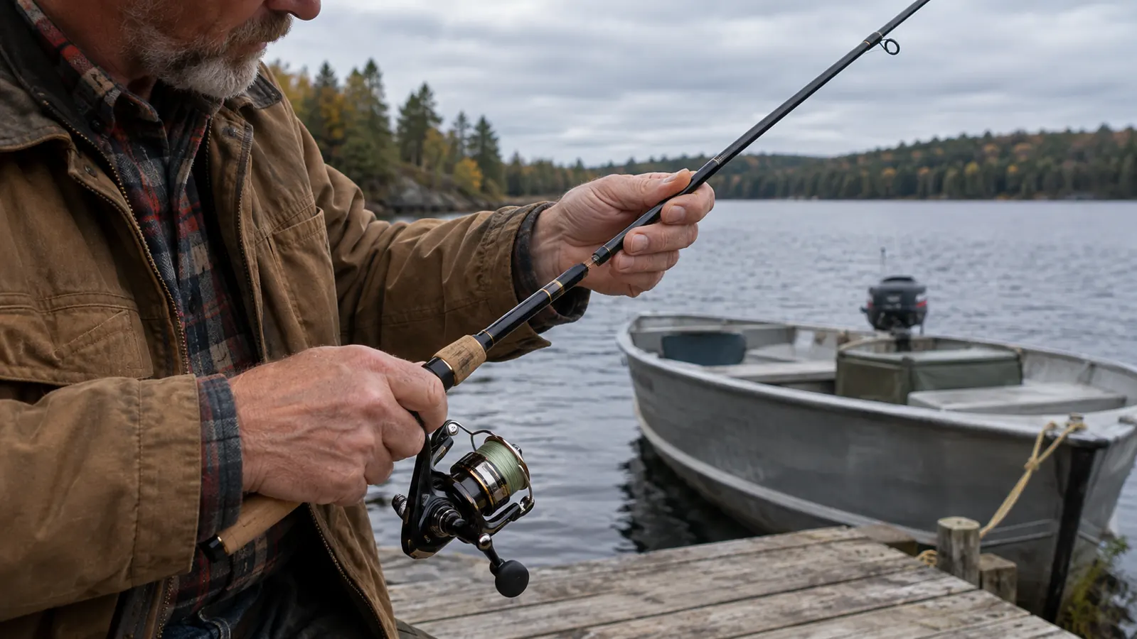 Hands seating the sections of a travel spinning rod together at a boat landing.