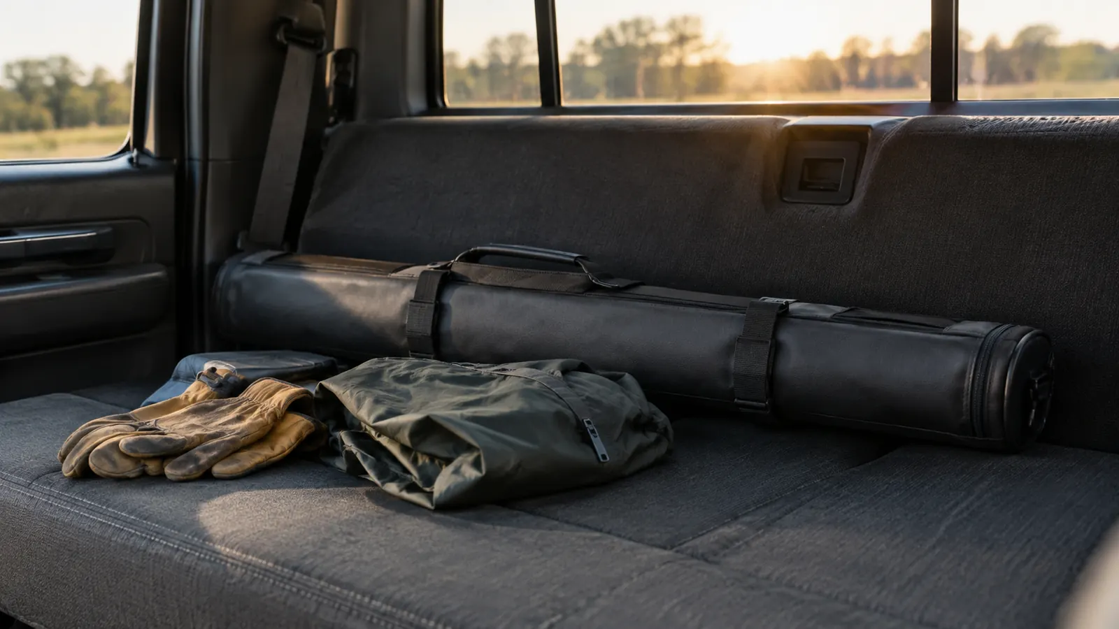 A zipped travel rod case lying flat behind the bench seat of a pickup truck.