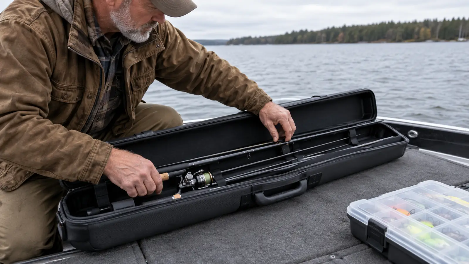 An angler's hands taking a travel spinning rod out of its case on a boat deck