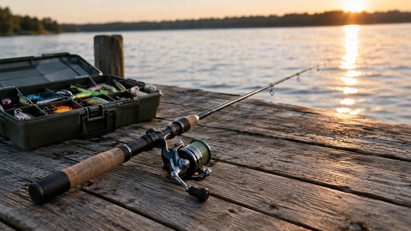 A spinning rod and reel resting on a wooden dock next to a tackle box in late afternoon light
