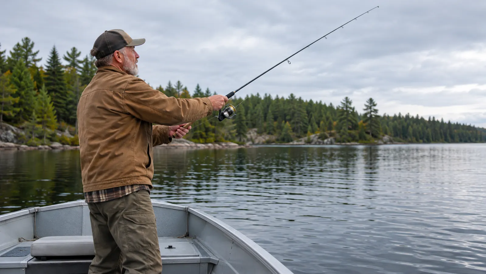 An angler in a small aluminum boat casting a spinning rod over the water