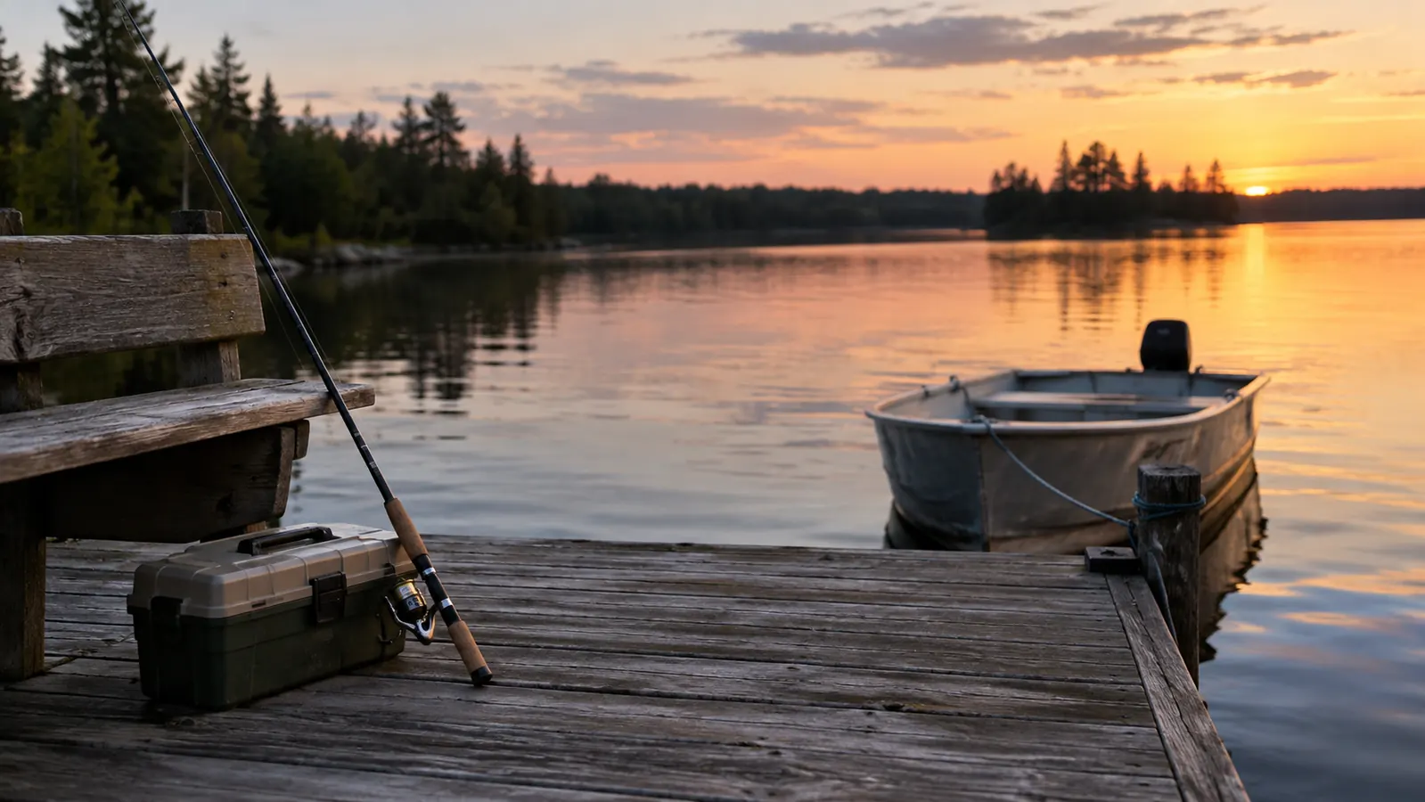 A wooden dock at dusk with a tackle box and a spinning rod leaning against a bench, a small boat tied alongside