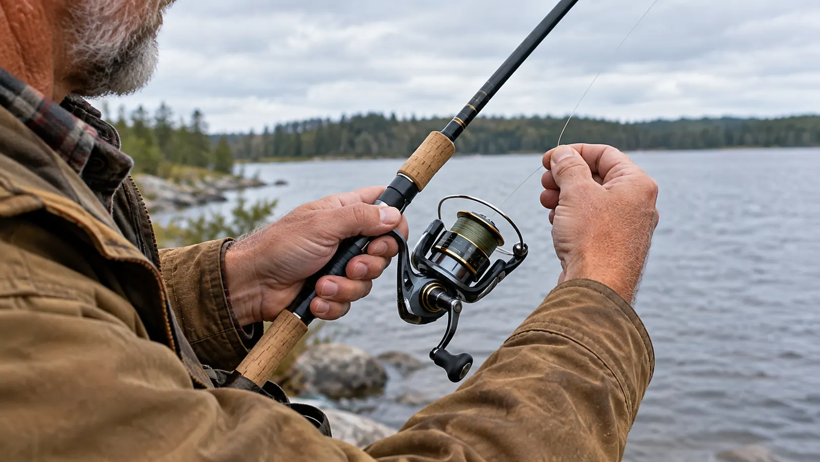 An angler's hands opening the reel bail and checking the line on a spinning combo at the edge of a lake