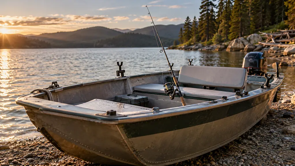 A small aluminum boat pulled up on a gravel shore with a spinning combo leaning against the bench seat and rod holders on the gunwale