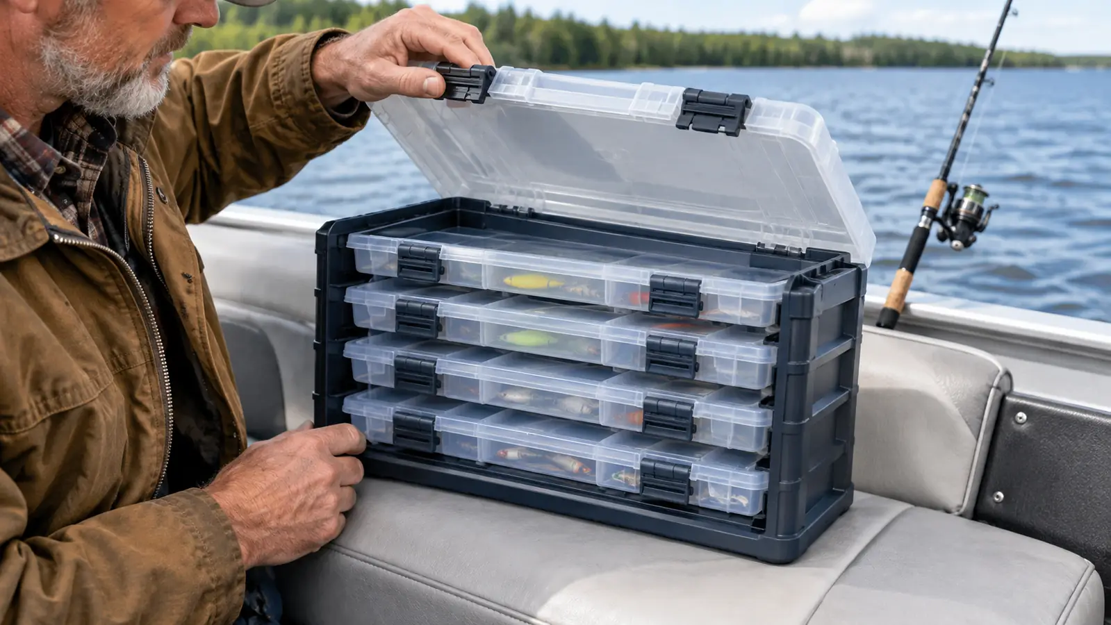 A hand opening the top lid of a Plano StowAway tackle rack on a boat bench, with plastic utility boxes inside