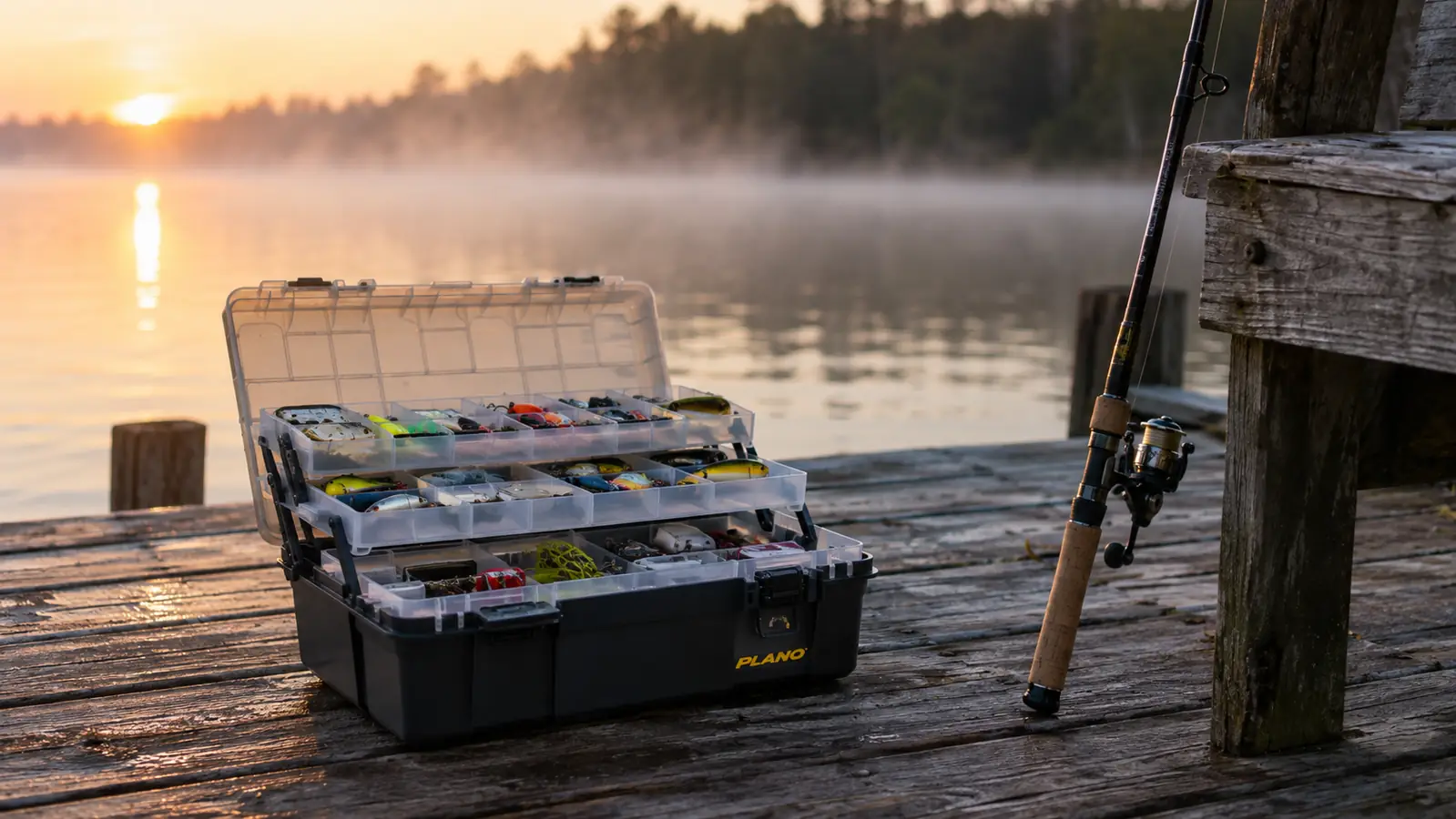 An open tackle rack sitting on a wooden dock at first light, with a fishing rod leaning nearby