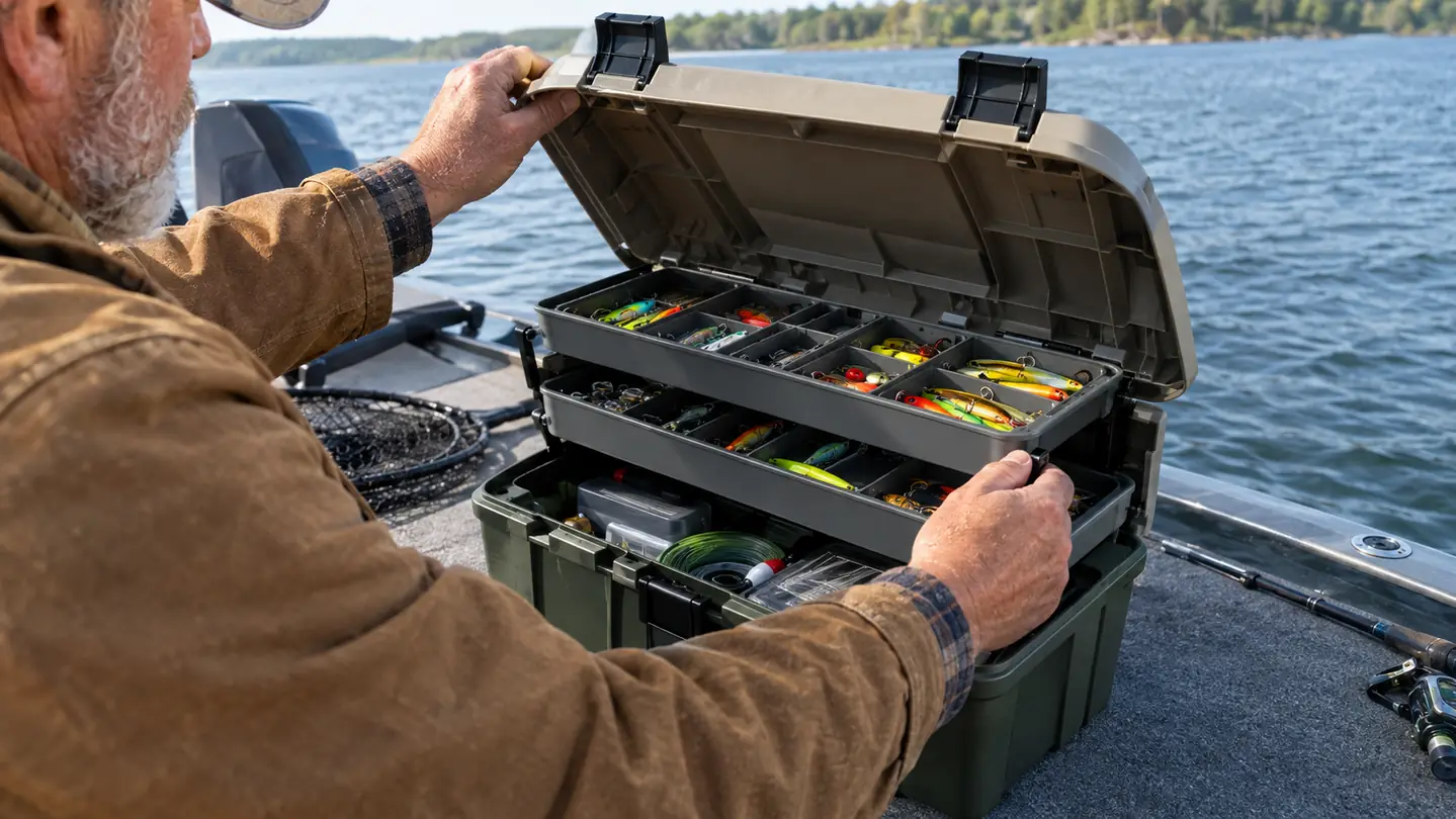An angler's hands opening the lid of the tackle rack to reach the top tray on a boat deck