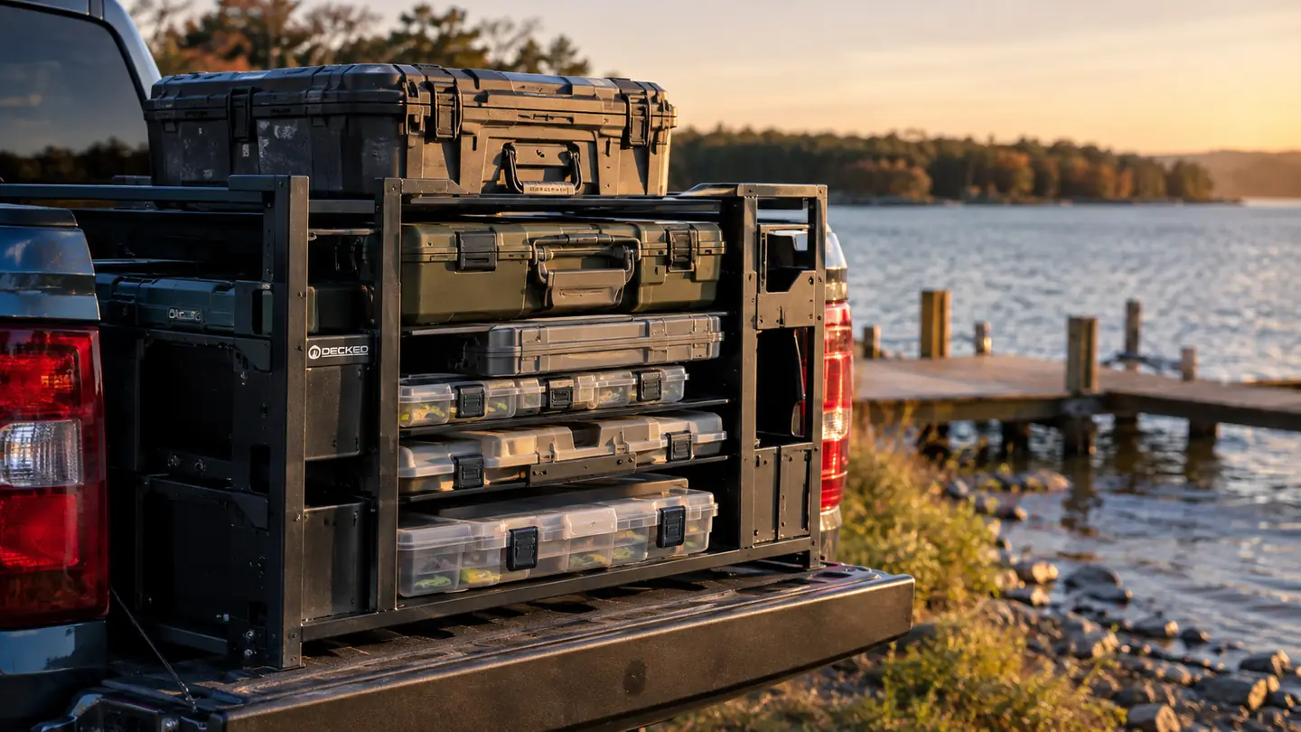 A tackle rack loaded with utility boxes on a pickup tailgate beside a lake in late afternoon light