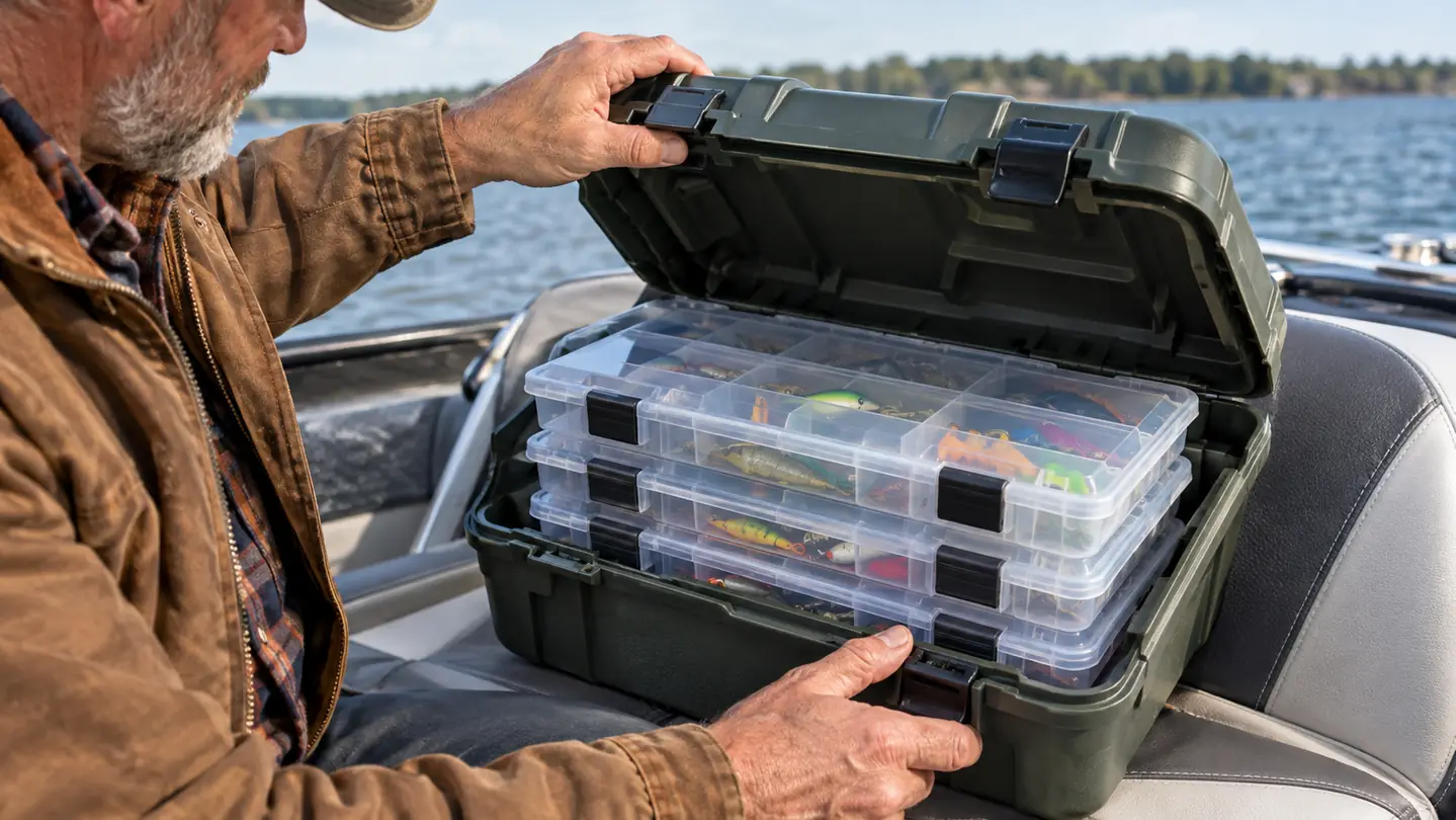 A hand opening a tackle system with clear utility boxes stacked inside, sitting on a boat seat