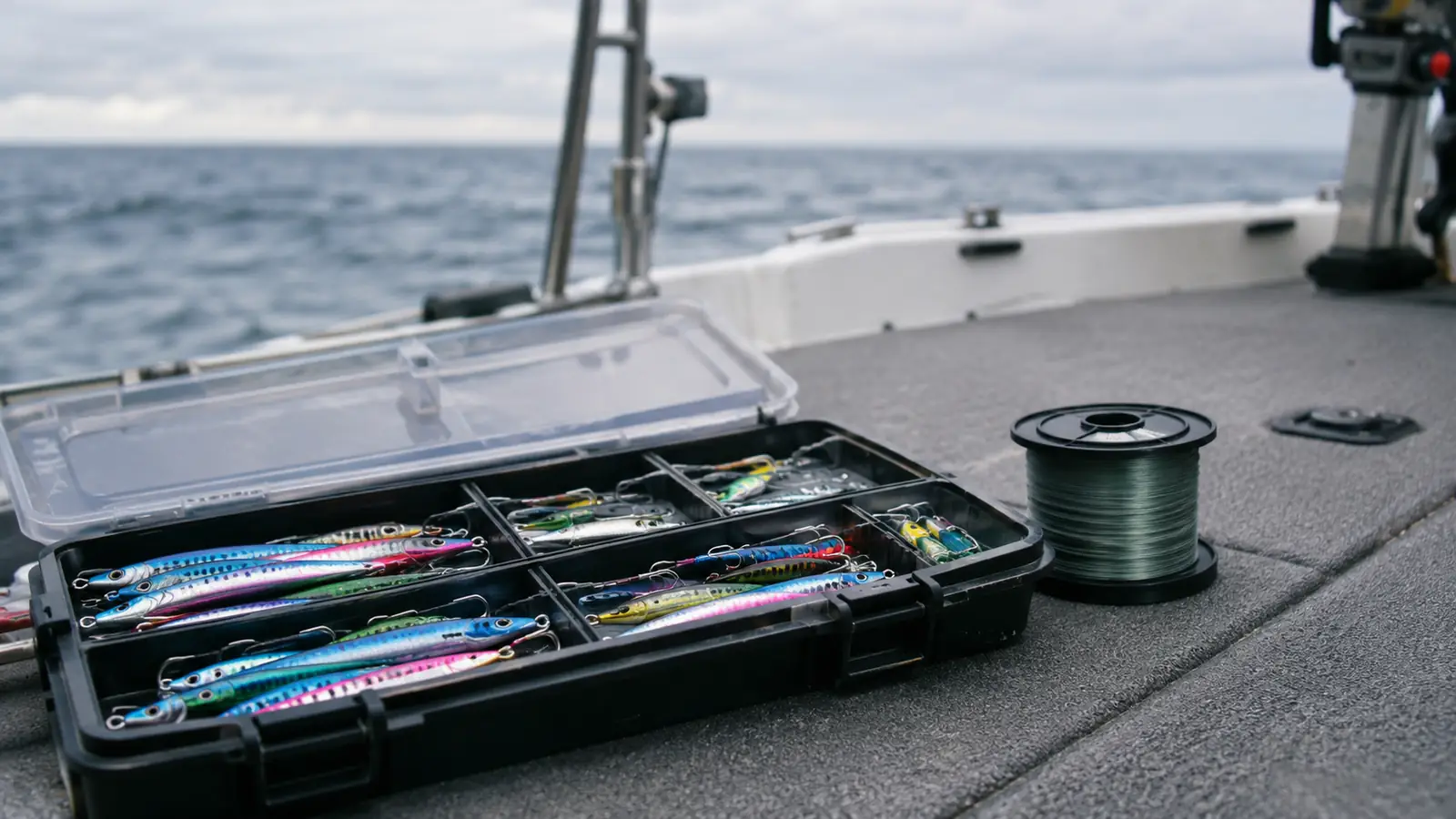 A tackle system on a boat deck with a jig box open and a spool of line beside it
