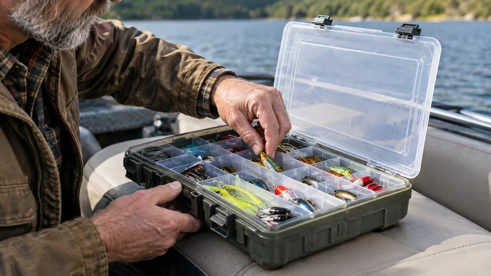 close view of an angler's hand reaching into an open tackle box with clear compartments on a boat seat