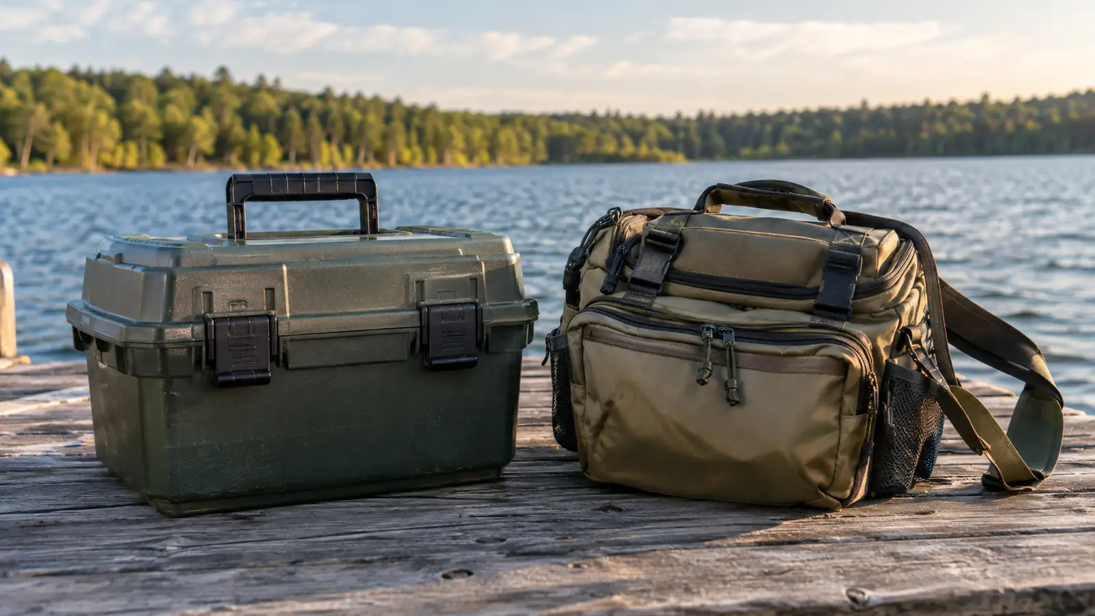 a hard tackle box and a soft shoulder tackle bag side by side on a wooden dock at the edge of a lake
