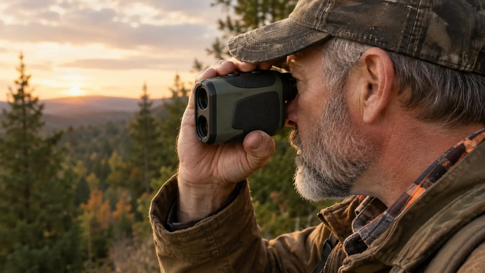 A hunter's hand holding a compact camo rangefinder up to his eye while standing near a treeline