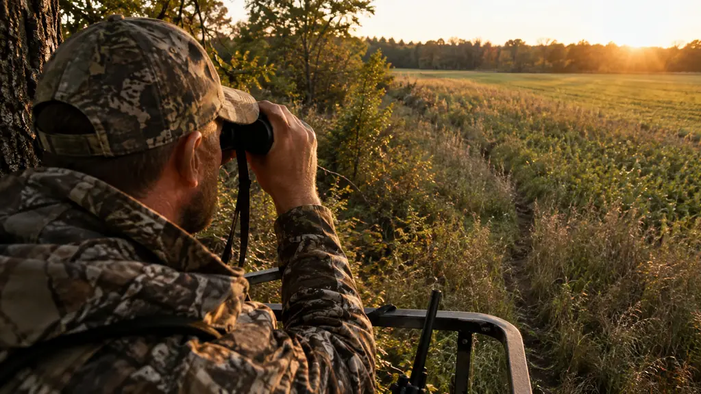 A hunter glassing a field edge from a ladder stand in late afternoon light