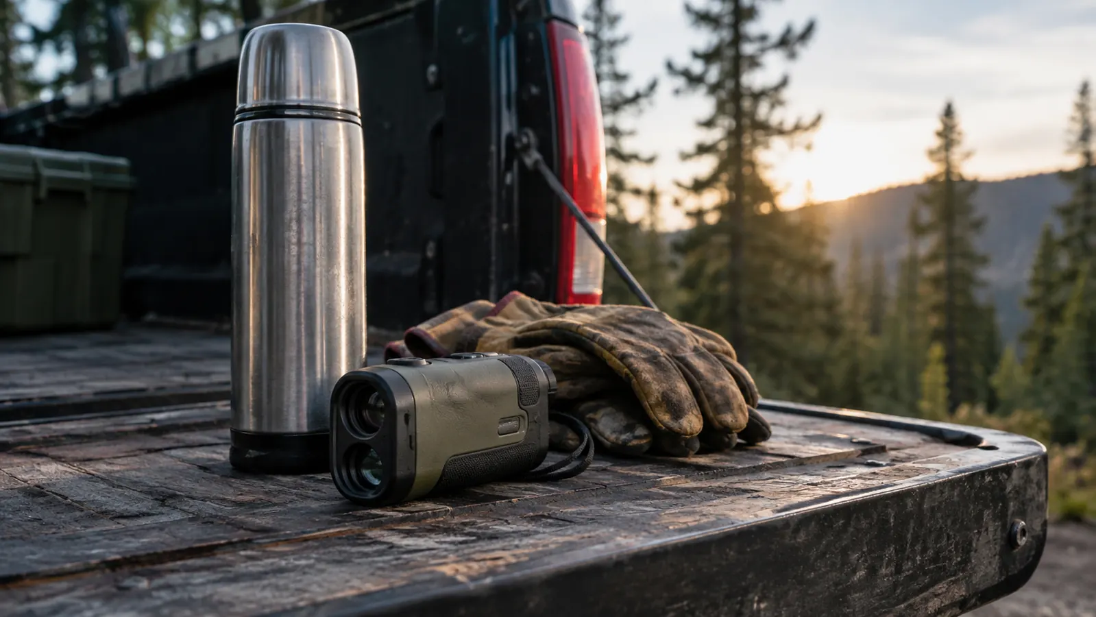 A rangefinder lying on a wooden tailgate next to a thermos and a pair of work gloves
