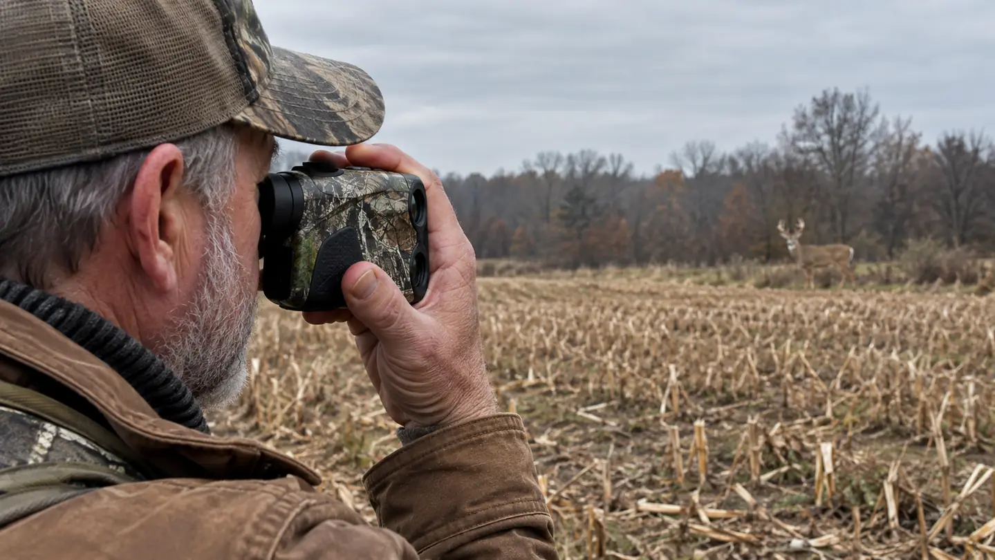 A hand holding a camo rangefinder up to one eye while a large deer feeds at the far edge of a field