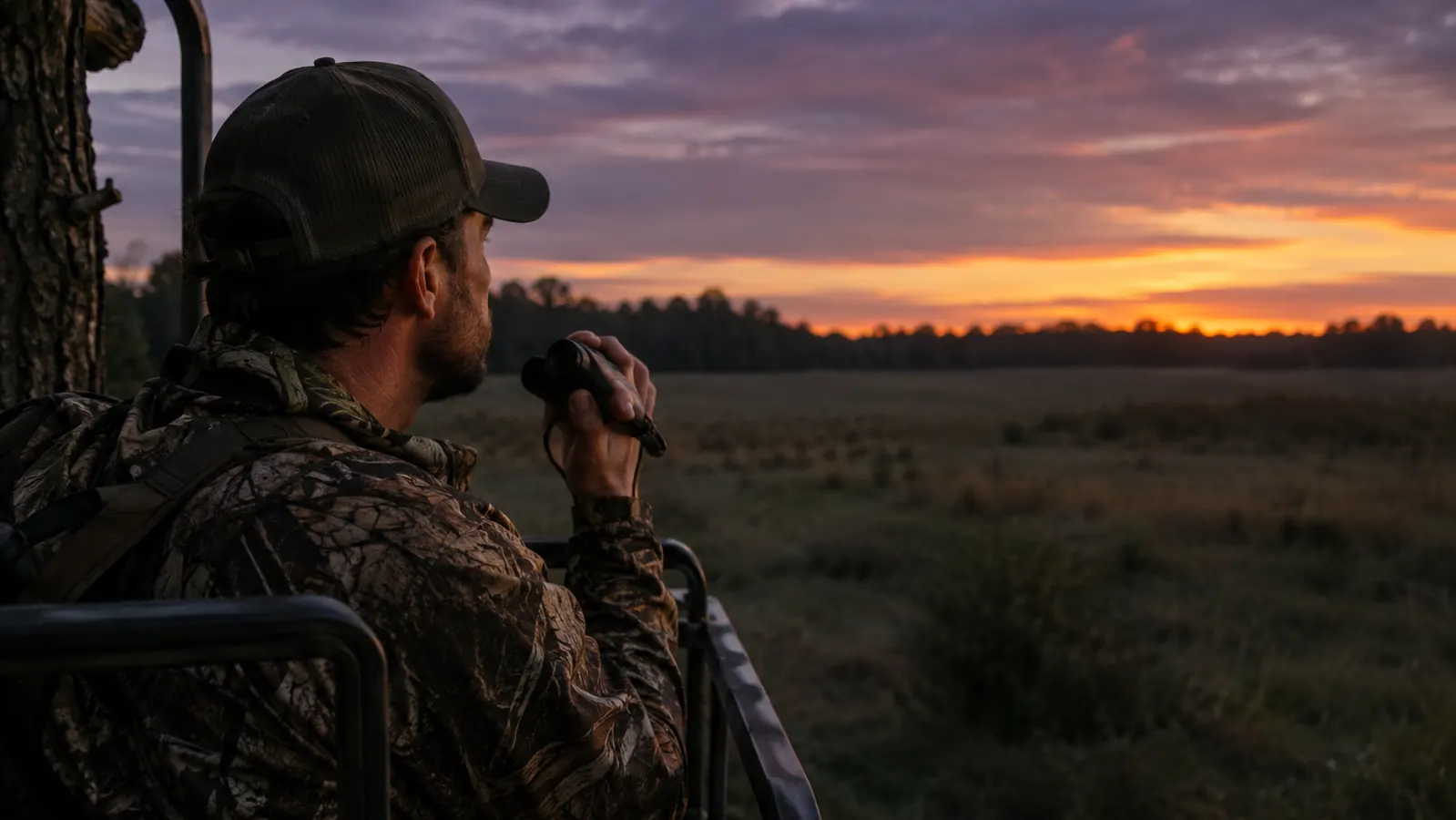 A hunter in a ladder stand glassing a field at last light, rangefinder in hand
