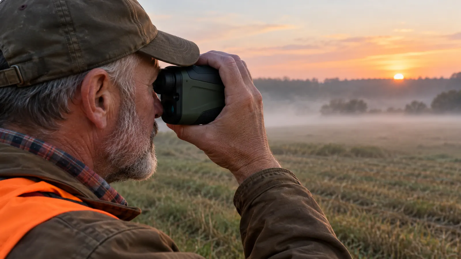A hunter's hand holding a rangefinder up to one eye while standing at the edge of a cut field at dawn, mist rising from the grass